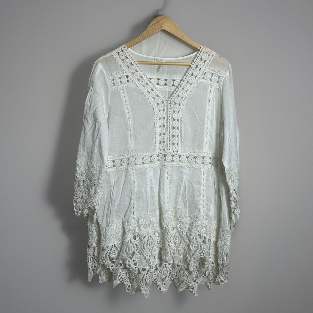 CUPIO Women's Large White‎ Crochet Lace Top Sheer Fairy Boho Pullover V-Neck
